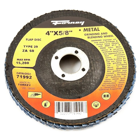 Forney Flap Disc, Type 29, 4 in x 5/8 in, ZA60 71992
